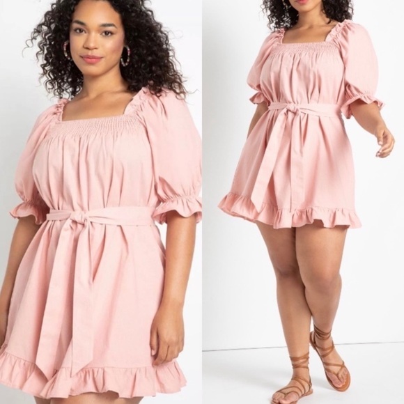 NWT Eloquii Smocked Front Ruffle Puff Sleeve Mini Dress In Pink - Picture 1 of 8